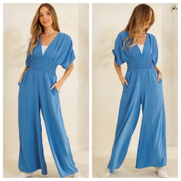10 Boho Deep V- Neck Smocked Jumpsuit - Picture 3 of 4